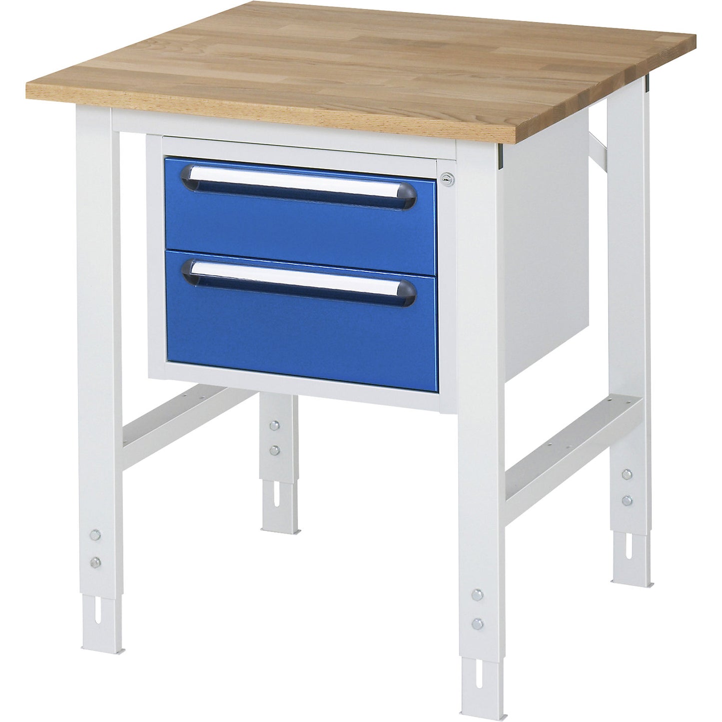 Work table with drawer cupboard, base container with 2 drawers 1 x 150, 1 x 180 mm, WxD 750 x 800 mm, solid beech wood panel, thickness 25 mm.