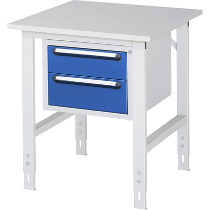 Work table with drawer cupboard, base container with 2 drawers 1 x 150, 1 x 180 mm, WxD 750 x 800 mm, melamine panel, thickness 22 mm.