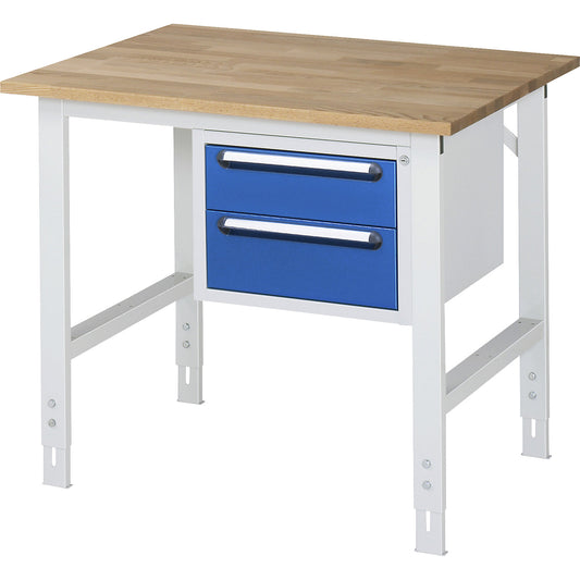 Work table with drawer cupboard, base container with 2 drawers 1 x 150, 1 x 180 mm, WxD 1000 x 800 mm, solid beech wood panel, thickness 25 mm.