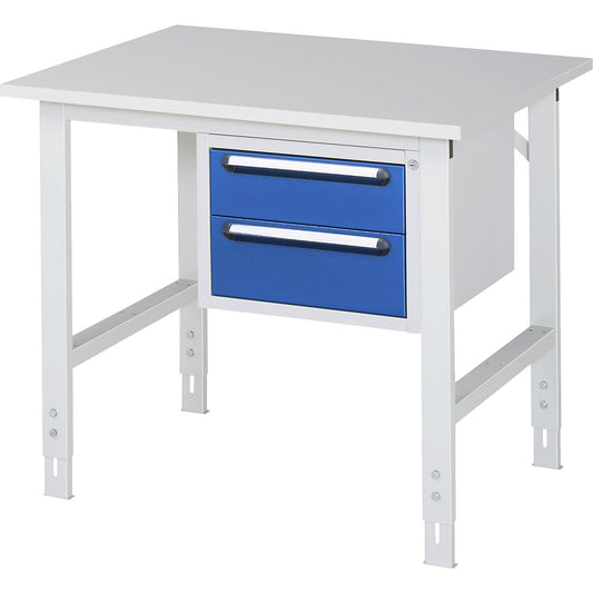 Work table with drawer cupboard, base container with 2 drawers 1 x 150, 1 x 180 mm, WxD 1000 x 800 mm, melamine panel, thickness 22 mm.