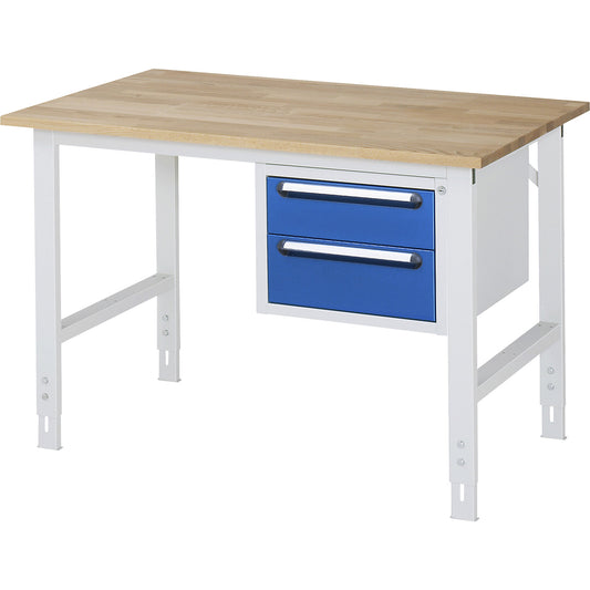 Work table with drawer cupboard, base container with 2 drawers 1 x 150, 1 x 180 mm, WxD 1250 x 800 mm, solid beech wood panel, thickness 25 mm.