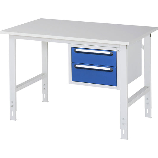 Work table with drawer cupboard, base container with 2 drawers 1 x 150, 1 x 180 mm, WxD 1250 x 800 mm, melamine panel, thickness 22 mm.