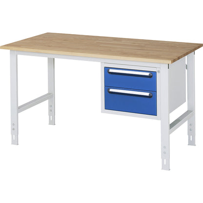 Work table with drawer cupboard, base container with 2 drawers 1 x 150, 1 x 180 mm, WxD 1500 x 800 mm, solid beech wood panel, thickness 25 mm.