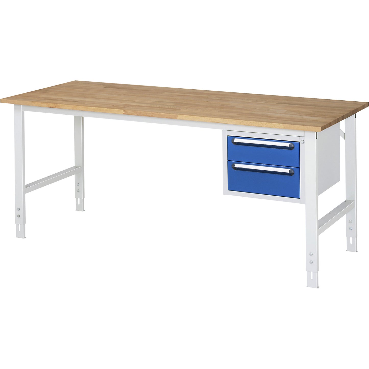 Work table with drawer cupboard, base container with 2 drawers 1 x 150, 1 x 180 mm, WxD 2000 x 800 mm, solid beech wood panel, thickness 25 mm.