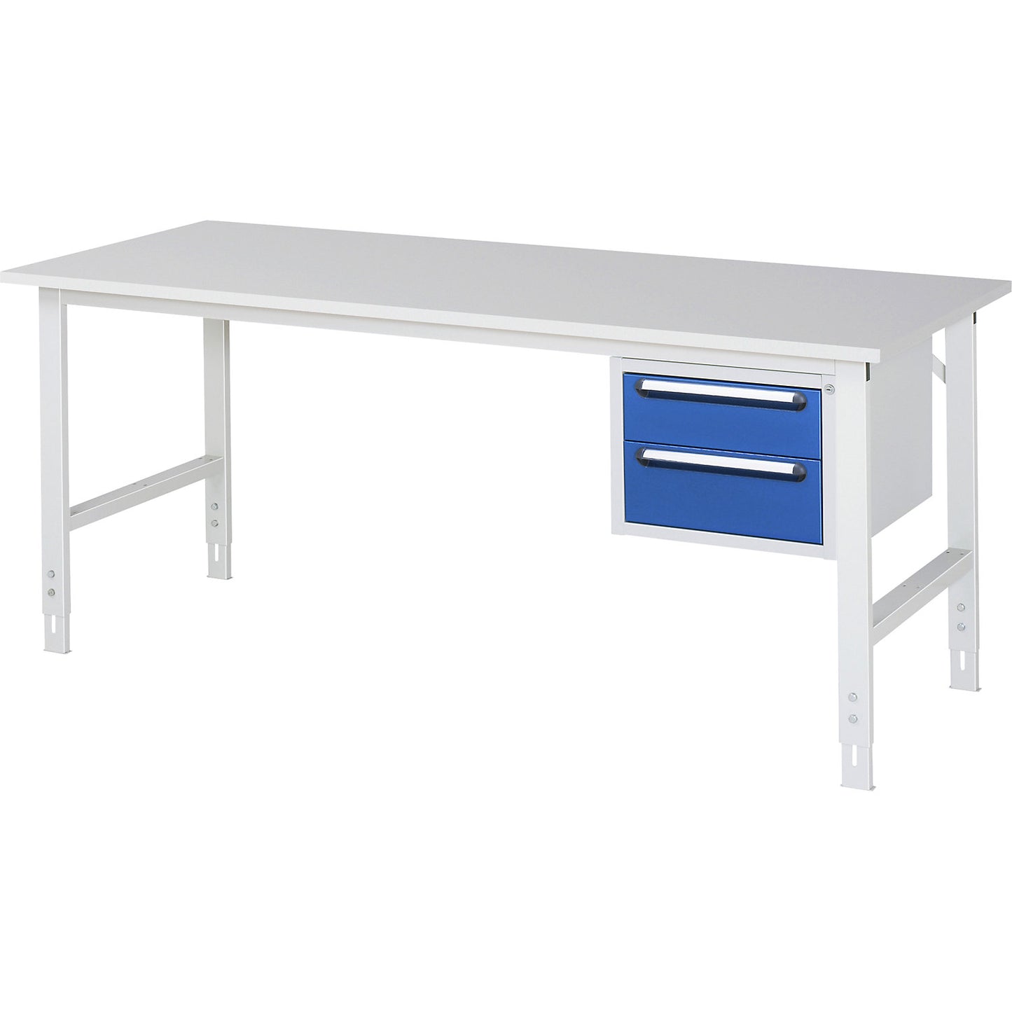 Work table with drawer cupboard, base container with 2 drawers 1 x 150, 1 x 180 mm, WxD 2000 x 800 mm, melamine panel, thickness 22 mm.