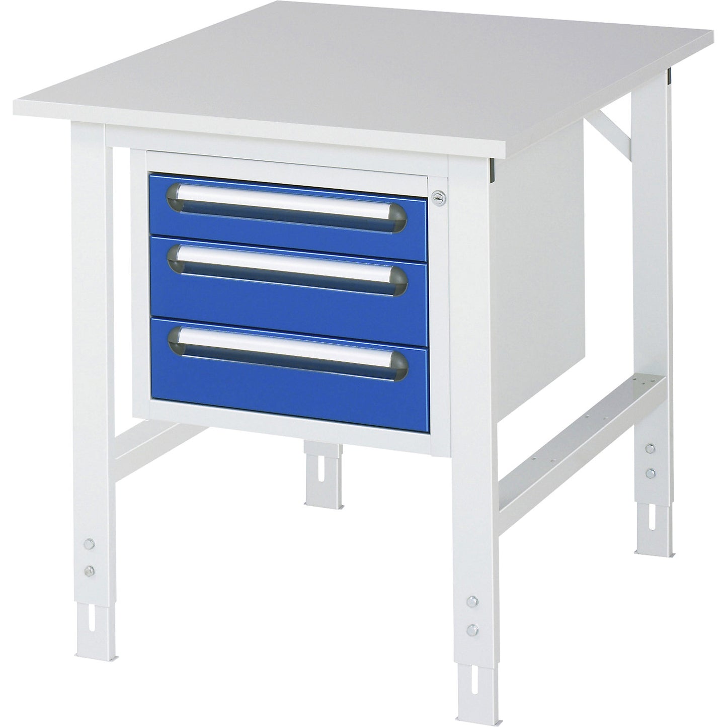 Work table with drawer cupboard, base container with 3 drawers 1 x 90, 2 x 120 mm, WxD 750 x 1000 mm, melamine panel, thickness 22 mm.