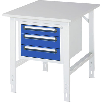 Work table with drawer cupboard, base container with 3 drawers 1 x 90, 2 x 120 mm, WxD 750 x 1000 mm, melamine panel, thickness 22 mm.