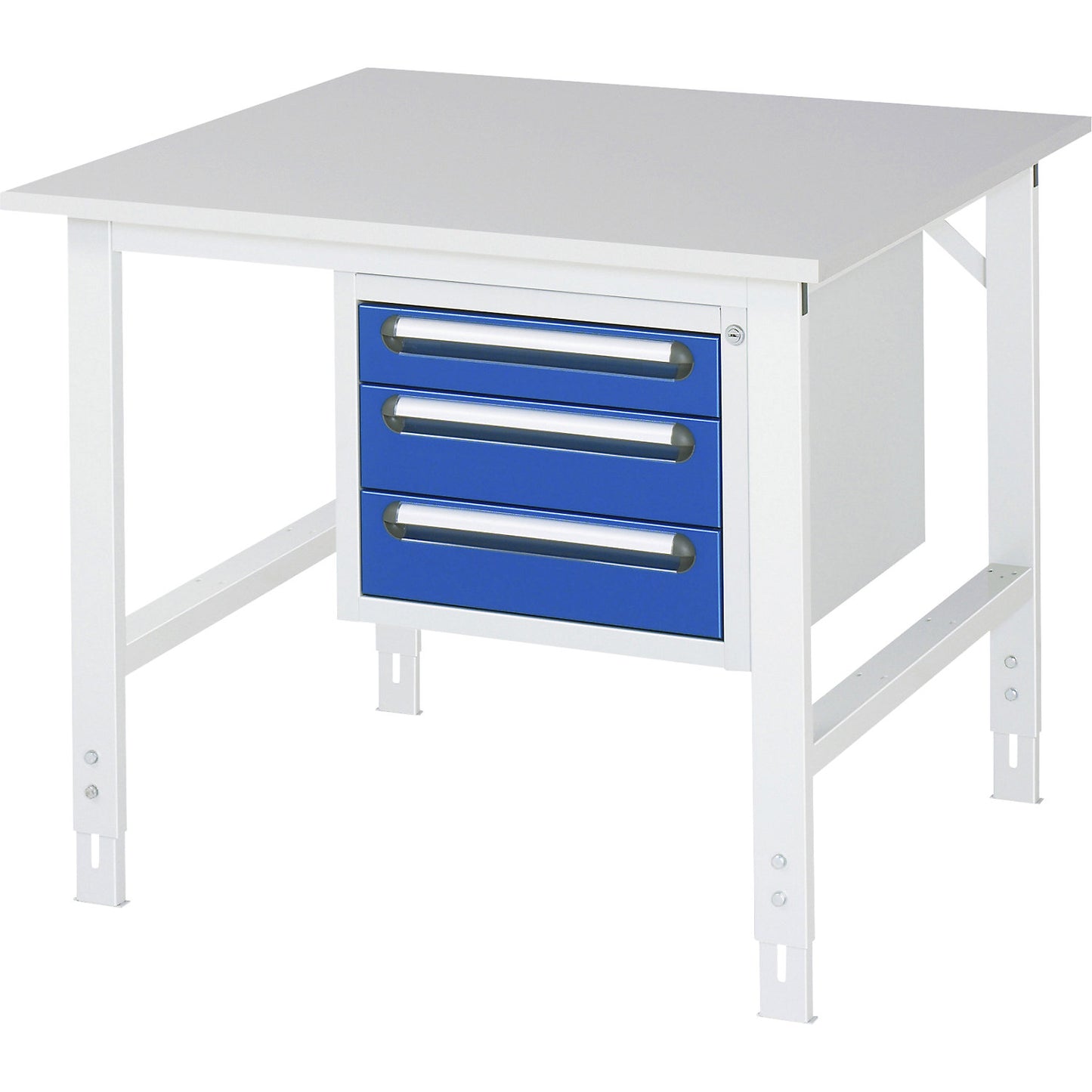 Work table with drawer cupboard, base container with 3 drawers 1 x 90, 2 x 120 mm, WxD 1000 x 1000 mm, melamine panel, thickness 22 mm.