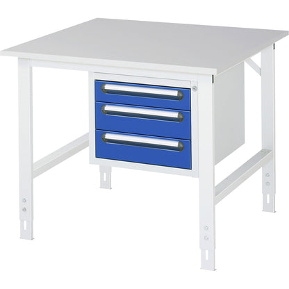 Work table with drawer cupboard, base container with 3 drawers 1 x 90, 2 x 120 mm, WxD 1000 x 1000 mm, melamine panel, thickness 22 mm.