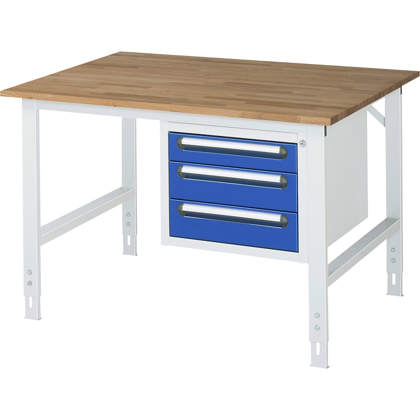 Work table with drawer cupboard, base container with 3 drawers 1 x 90, 2 x 120 mm, WxD 1250 x 1000 mm, solid beech wood panel, thickness 25 mm.