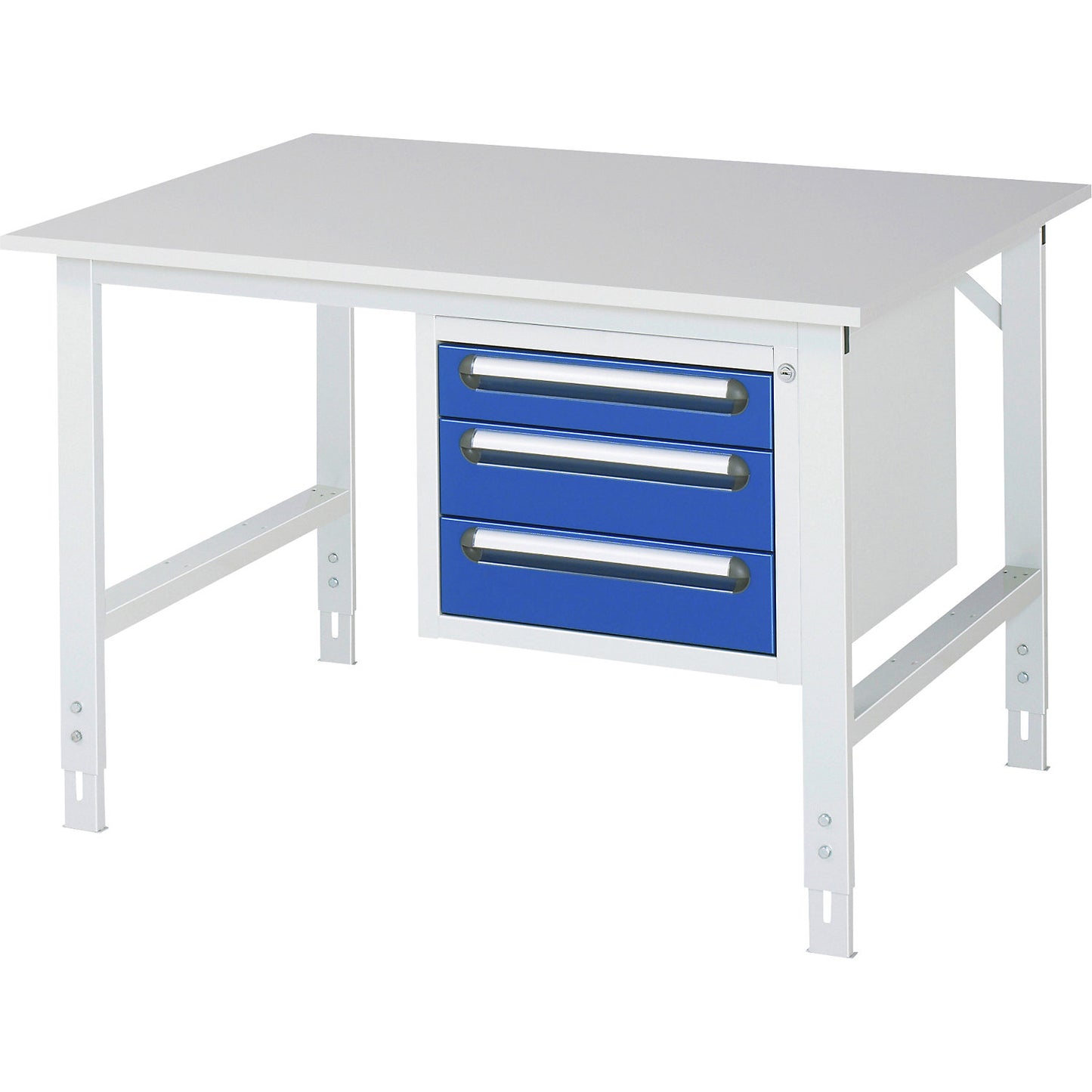 Work table with drawer cupboard, base container with 3 drawers 1 x 90, 2 x 120 mm, WxD 1250 x 1000 mm, melamine panel, thickness 22 mm.