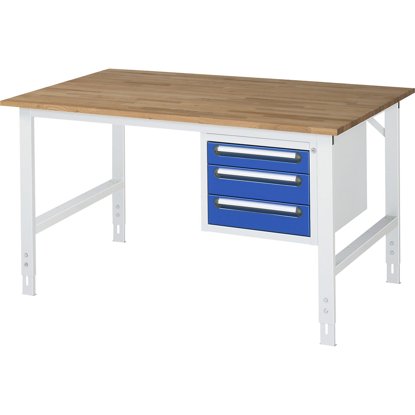 Work table with drawer cupboard, base container with 3 drawers 1 x 90, 2 x 120 mm, WxD 1500 x 1000 mm, solid beech wood panel, thickness 25 mm.