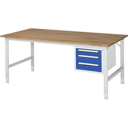 Work table with drawer cupboard, base container with 3 drawers 1 x 90, 2 x 120 mm, WxD 2000 x 1000 mm, solid beech wood panel, thickness 25 mm.