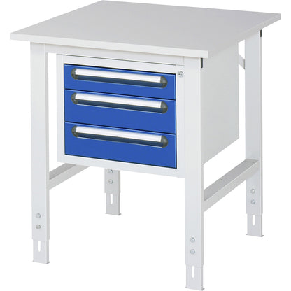 Work table with drawer cupboard, base container with 3 drawers 1 x 90, 2 x 120 mm, WxD 750 x 800 mm, melamine panel, thickness 22 mm.