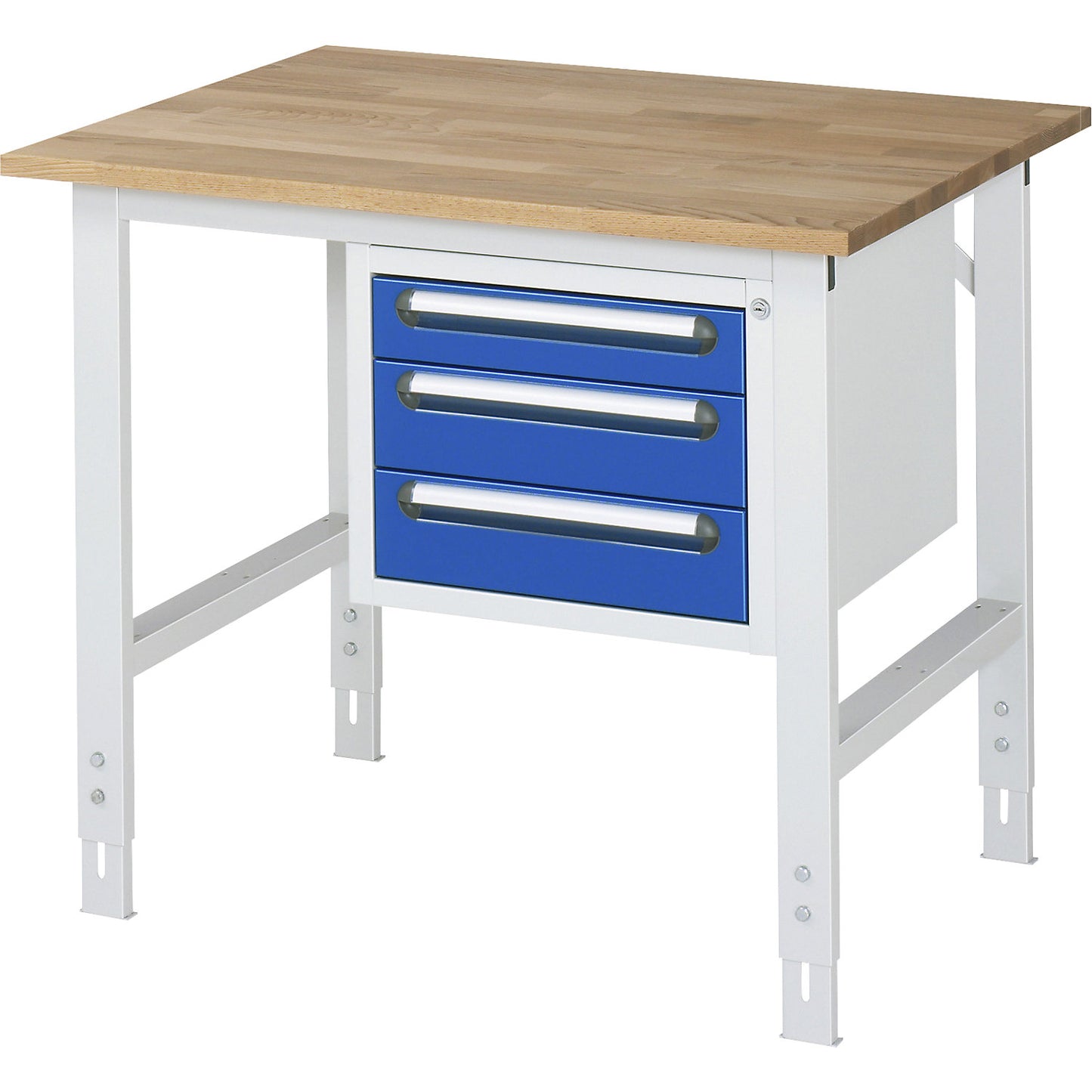 Work table with drawer cupboard, base container with 3 drawers 1 x 90, 2 x 120 mm, WxD 1000 x 800 mm, solid beech wood panel, thickness 25 mm.