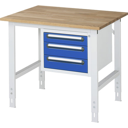 Work table with drawer cupboard, base container with 3 drawers 1 x 90, 2 x 120 mm, WxD 1000 x 800 mm, solid beech wood panel, thickness 25 mm.
