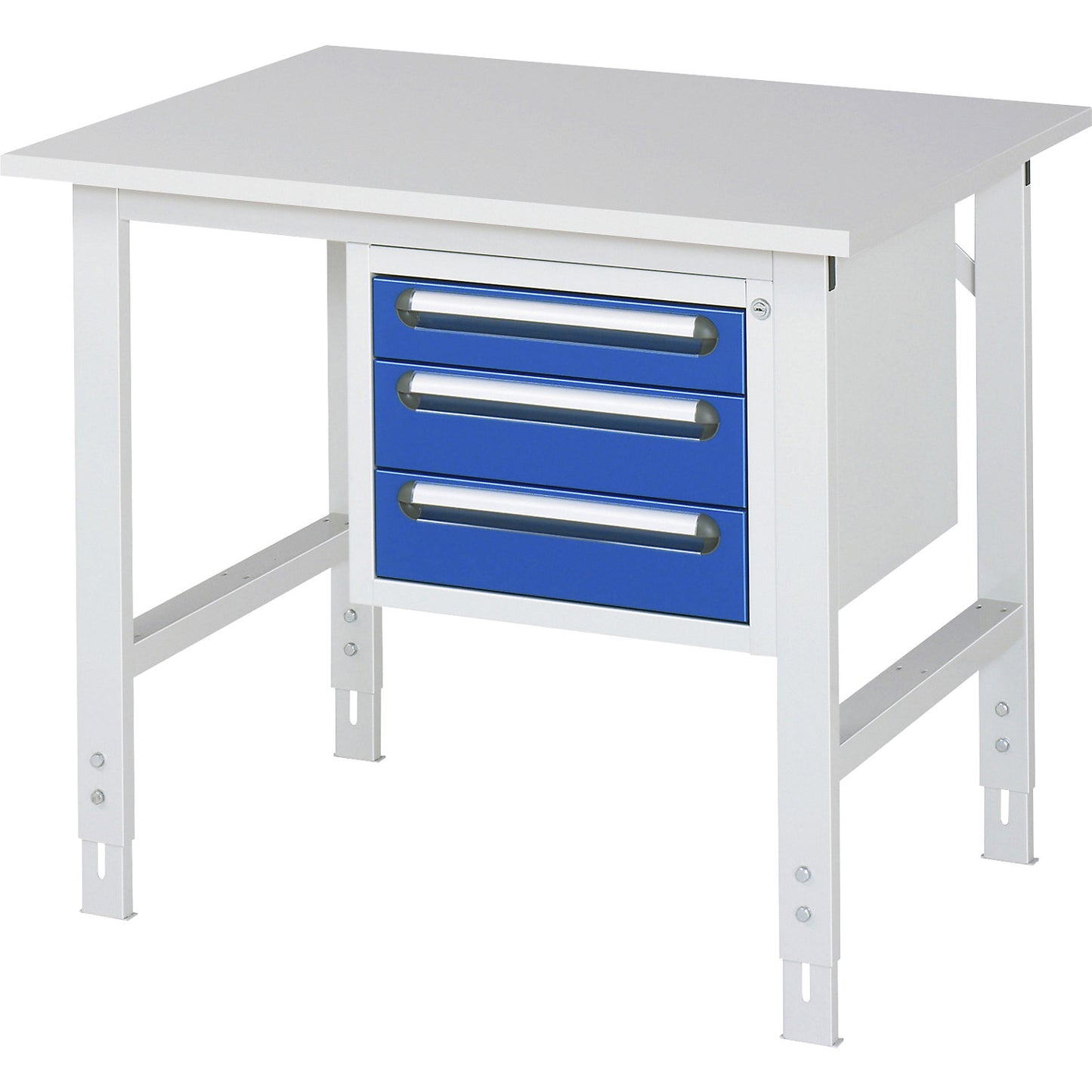 Work table with drawer cupboard, base container with 3 drawers 1 x 90, 2 x 120 mm, WxD 1000 x 800 mm, melamine panel, thickness 22 mm.