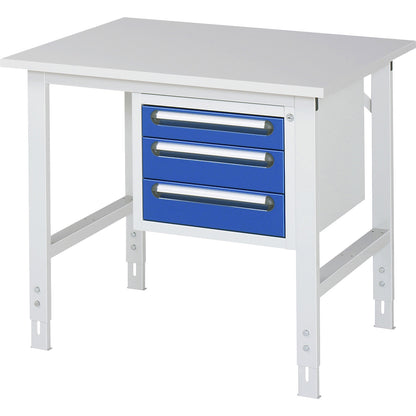 Work table with drawer cupboard, base container with 3 drawers 1 x 90, 2 x 120 mm, WxD 1000 x 800 mm, melamine panel, thickness 22 mm.