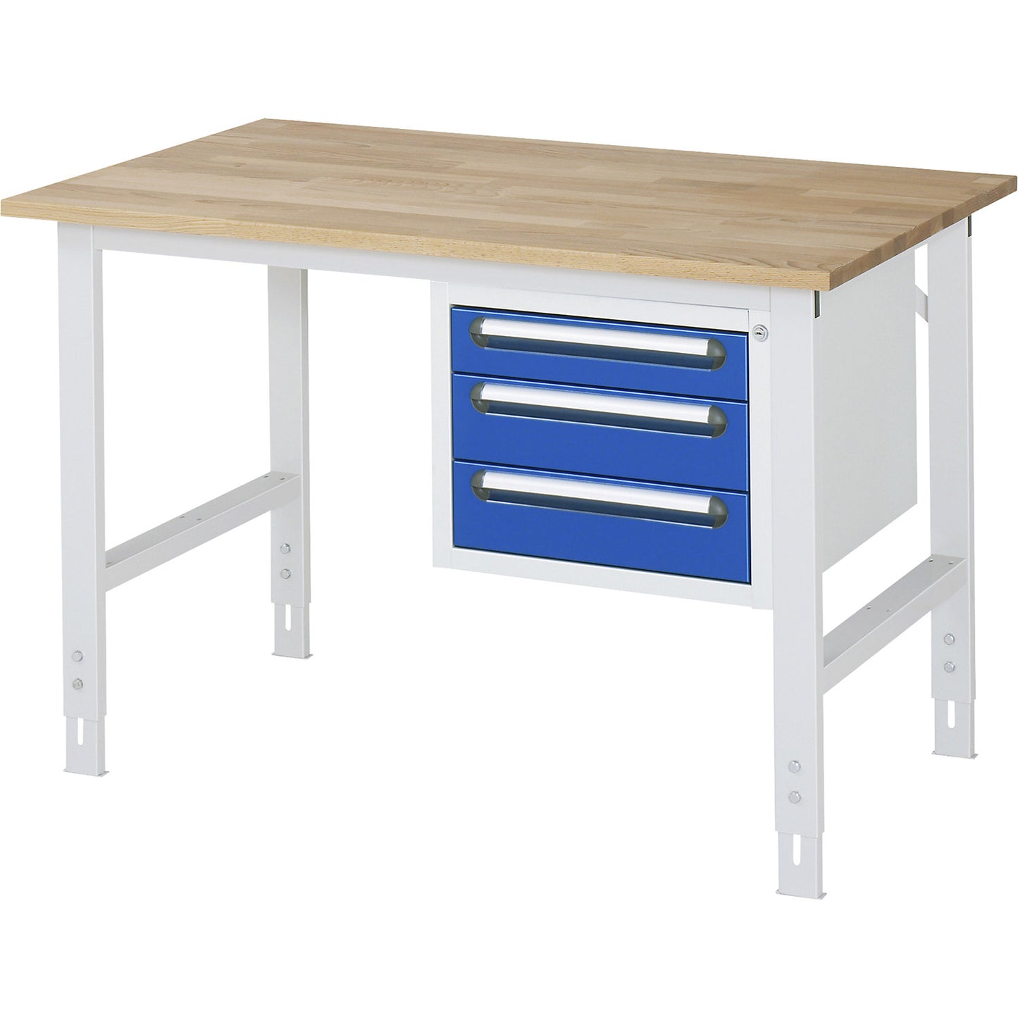 Work table with drawer cupboard, base container with 3 drawers 1 x 90, 2 x 120 mm, WxD 1250 x 800 mm, solid beech wood panel, thickness 25 mm.