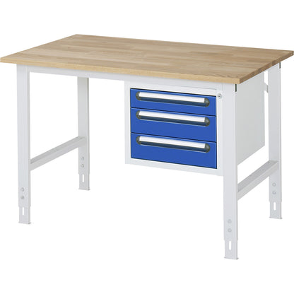 Work table with drawer cupboard, base container with 3 drawers 1 x 90, 2 x 120 mm, WxD 1250 x 800 mm, solid beech wood panel, thickness 25 mm.