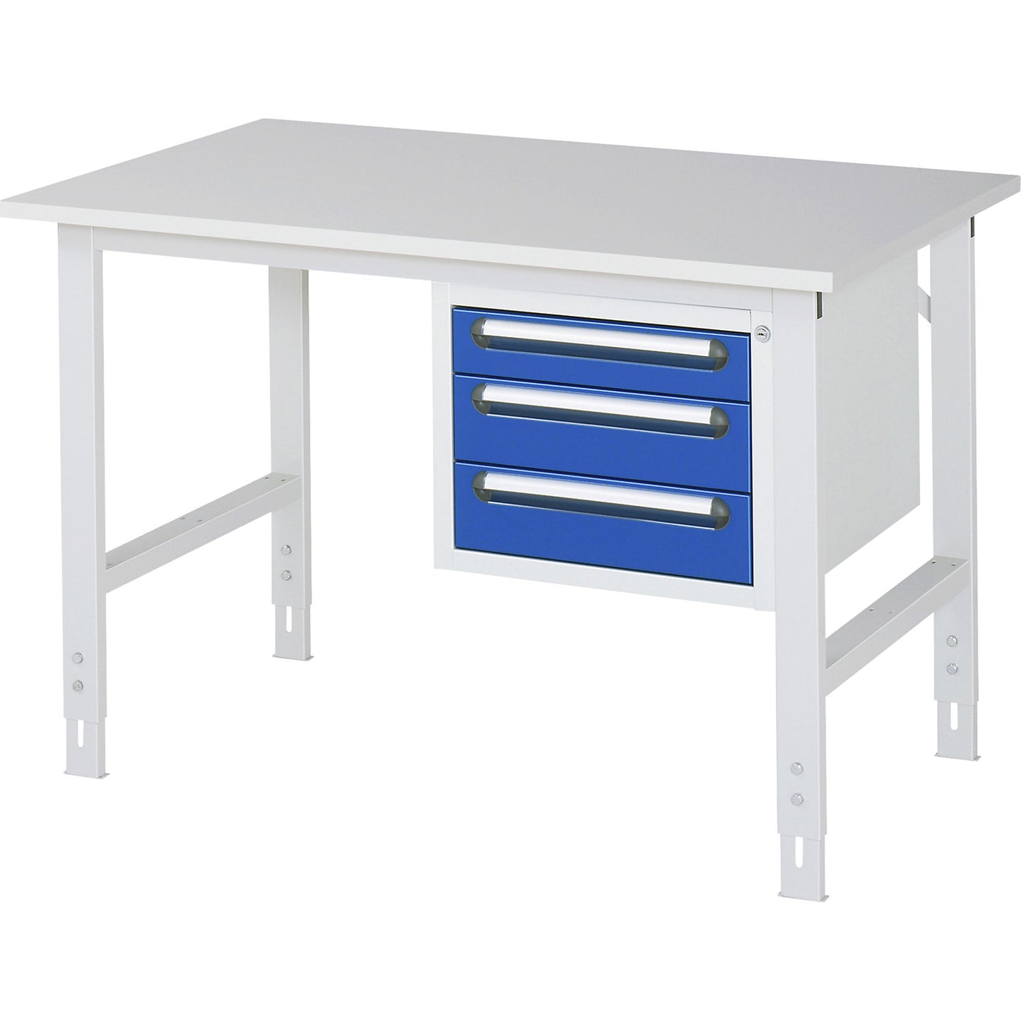 Work table with drawer cupboard, base container with 3 drawers 1 x 90, 2 x 120 mm, WxD 1250 x 800 mm, melamine panel, thickness 22 mm.