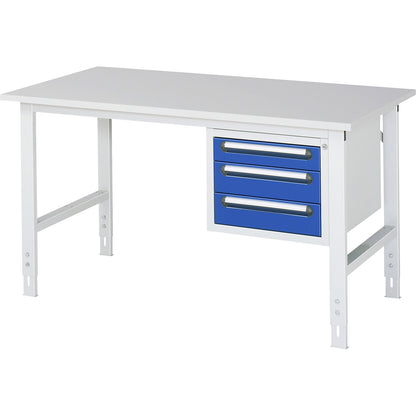 Work table with drawer cupboard, base container with 3 drawers 1 x 90, 2 x 120 mm, WxD 1500 x 800 mm, melamine panel, thickness 22 mm.