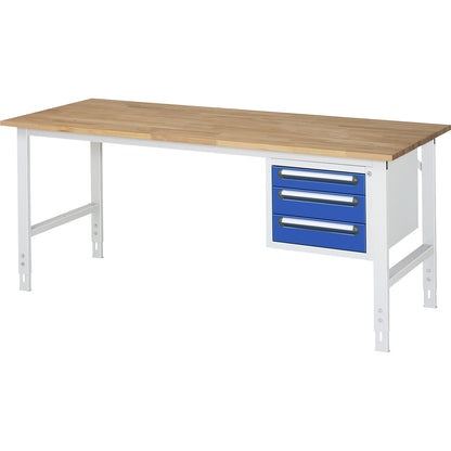 Work table with drawer cupboard, base container with 3 drawers 1 x 90, 2 x 120 mm, WxD 2000 x 800 mm, solid beech wood panel, thickness 25 mm.