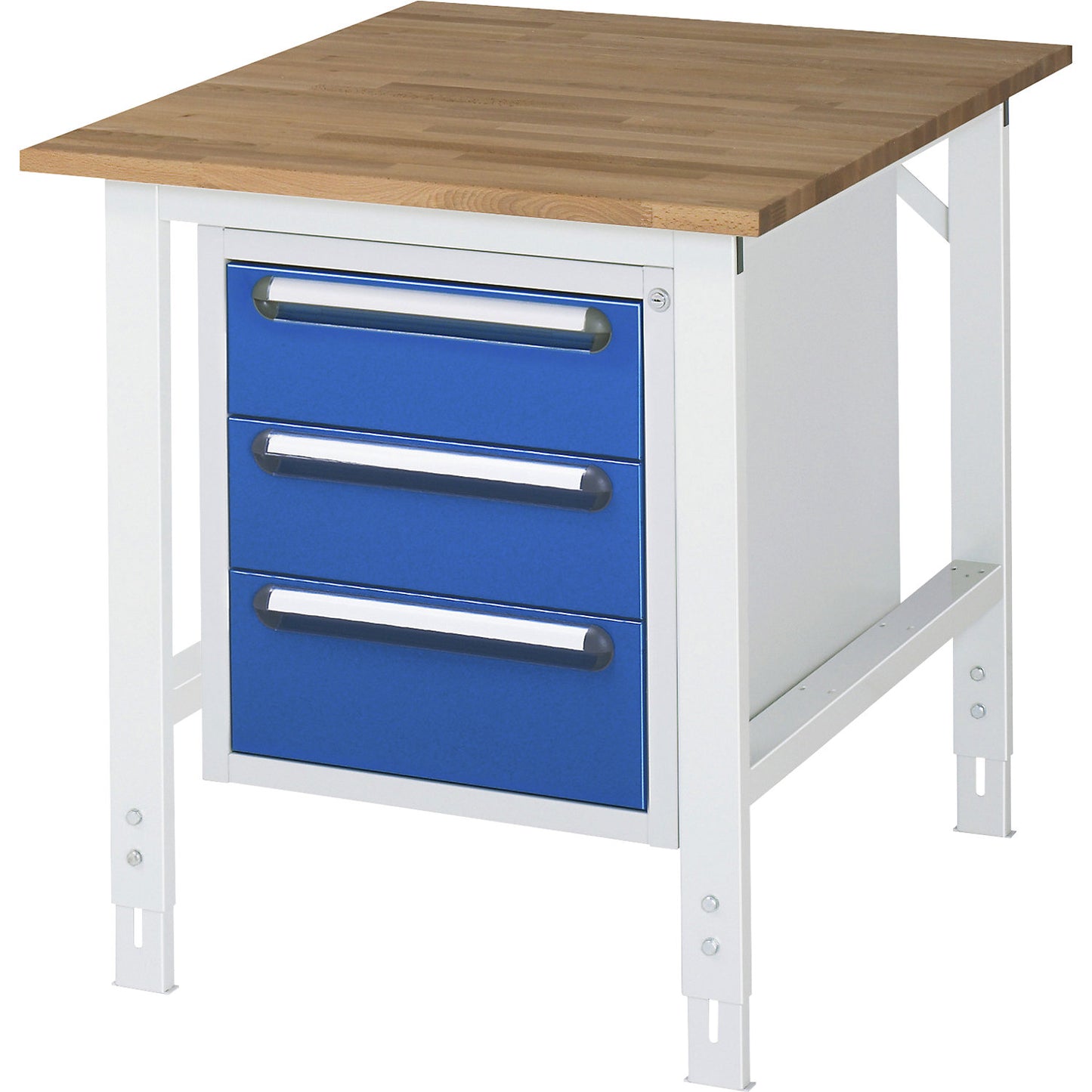 Work table with drawer cupboard, base container with 3 drawers 2 x 150, 1 x 180 mm, WxD 750 x 1000 mm, solid beech wood panel, thickness 25 mm.