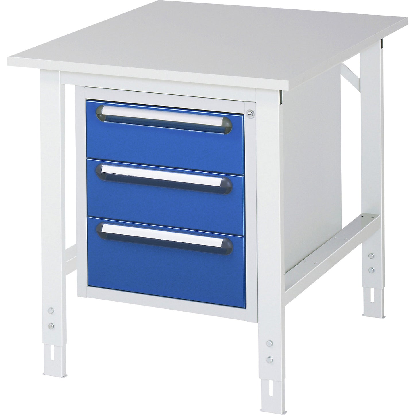 Work table with drawer cupboard, base container with 3 drawers 2 x 150, 1 x 180 mm, WxD 750 x 1000 mm, melamine panel, thickness 22 mm.