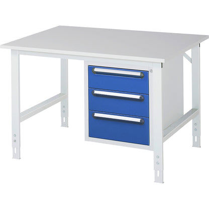 Work table with drawer cupboard, base container with 3 drawers 2 x 150, 1 x 180 mm, WxD 1250 x 1000 mm, melamine panel, thickness 22 mm.