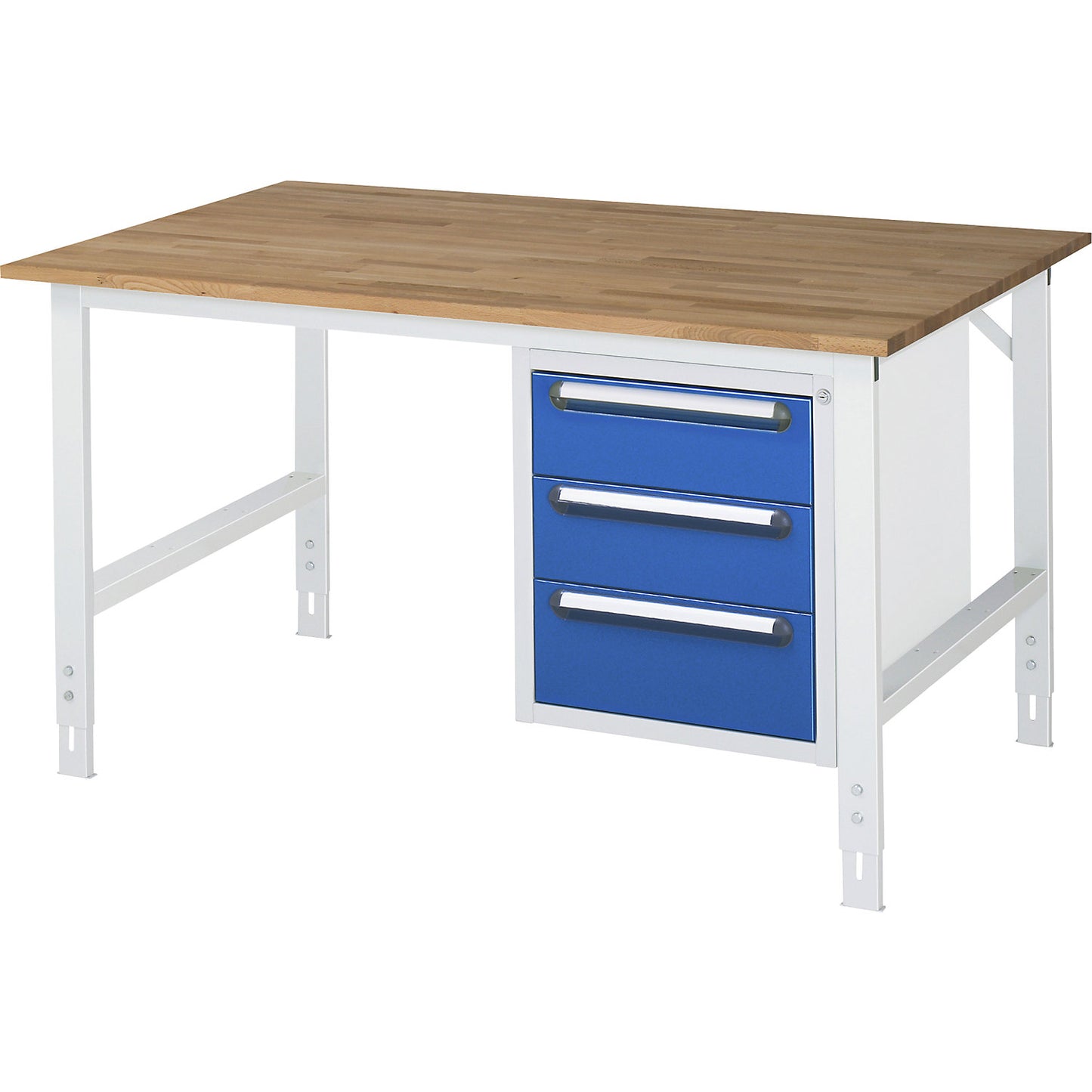 Work table with drawer cupboard, base container with 3 drawers 2 x 150, 1 x 180 mm, WxD 1500 x 1000 mm, solid beech wood panel, thickness 25 mm.