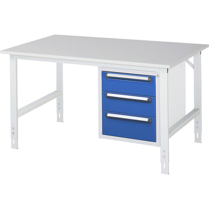 Work table with drawer cupboard, base container with 3 drawers 2 x 150, 1 x 180 mm, WxD 1500 x 1000 mm, melamine panel, thickness 22 mm.