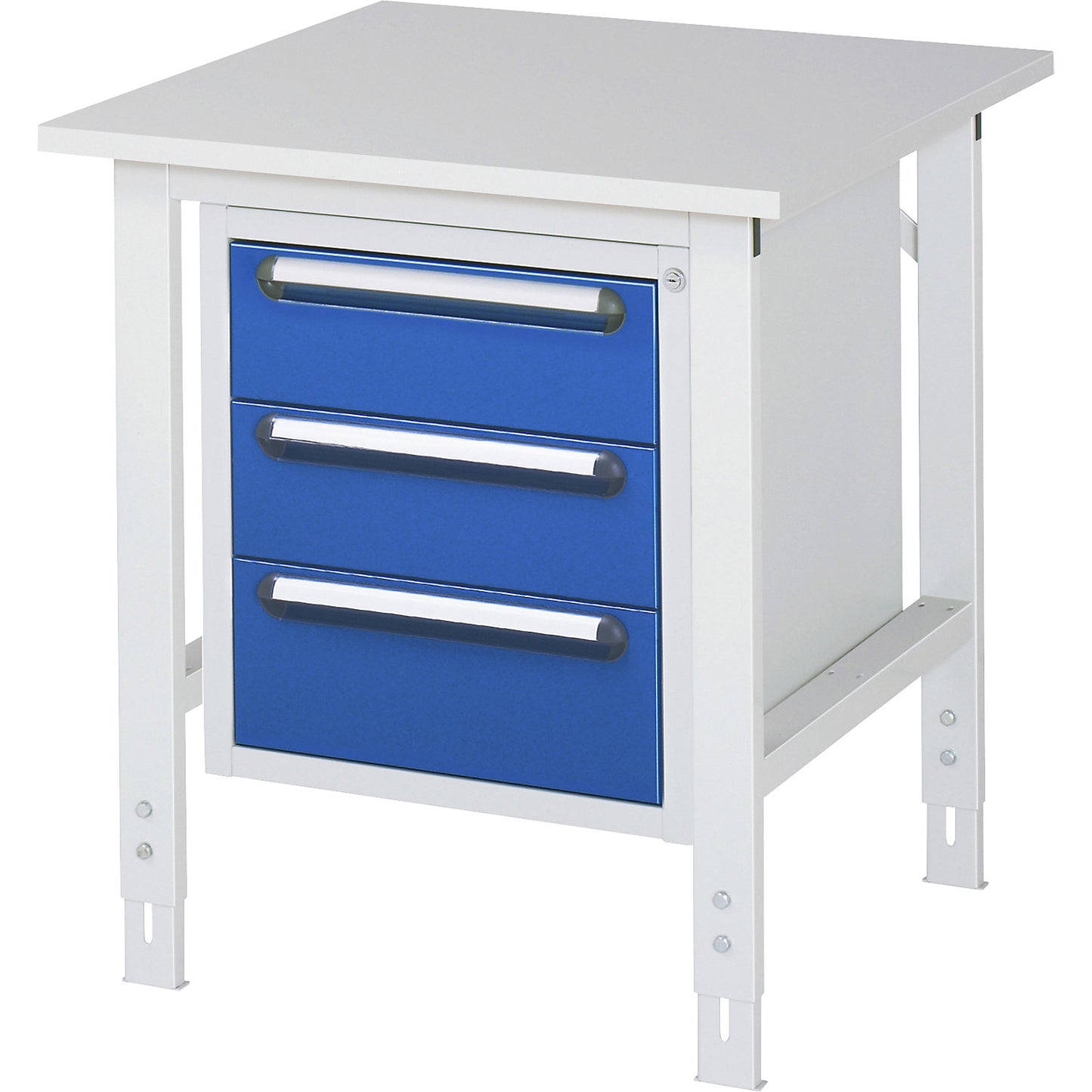 Work table with drawer cupboard, base container with 3 drawers 2 x 150, 1 x 180 mm, WxD 750 x 800 mm, melamine panel, thickness 22 mm.