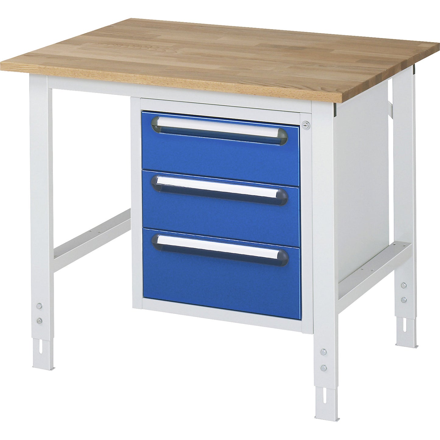 Work table with drawer cupboard, base container with 3 drawers 2 x 150, 1 x 180 mm, WxD 1000 x 800 mm, solid beech wood panel, thickness 25 mm.
