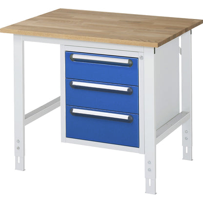 Work table with drawer cupboard, base container with 3 drawers 2 x 150, 1 x 180 mm, WxD 1000 x 800 mm, solid beech wood panel, thickness 25 mm.