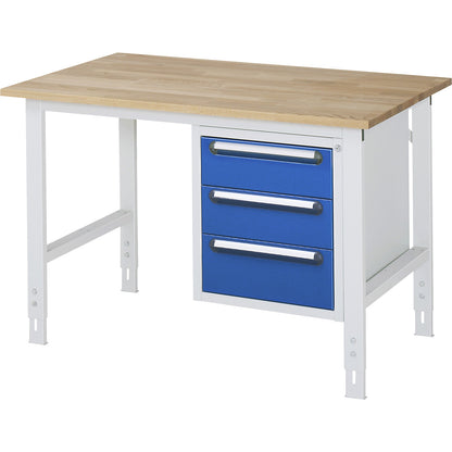 Work table with drawer cupboard, base container with 3 drawers 2 x 150, 1 x 180 mm, WxD 1250 x 800 mm, solid beech wood panel, thickness 25 mm.