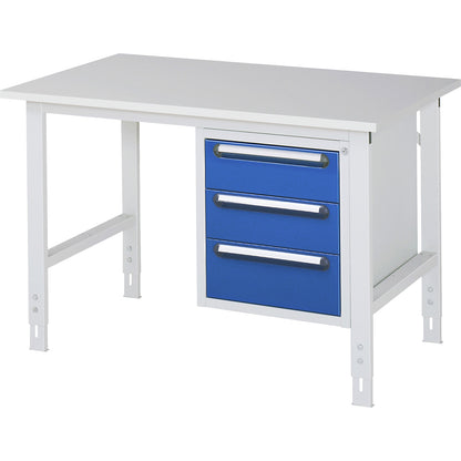 Work table with drawer cupboard, base container with 3 drawers 2 x 150, 1 x 180 mm, WxD 1250 x 800 mm, melamine panel, thickness 22 mm.