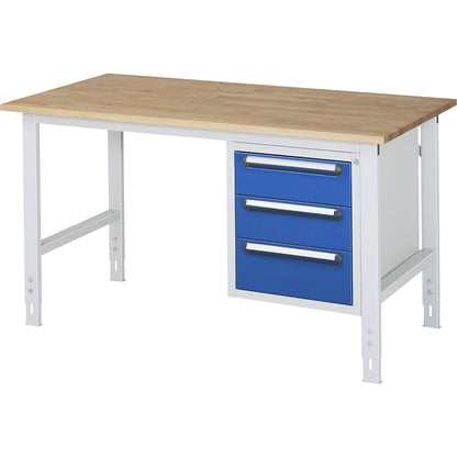 Work table with drawer cupboard, base container with 3 drawers 2 x 150, 1 x 180 mm, WxD 1500 x 800 mm, solid beech wood panel, thickness 25 mm.