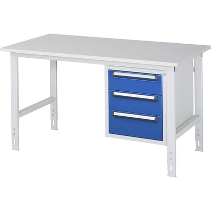 Work table with drawer cupboard, base container with 3 drawers 2 x 150, 1 x 180 mm, WxD 1500 x 800 mm, melamine panel, thickness 22 mm.