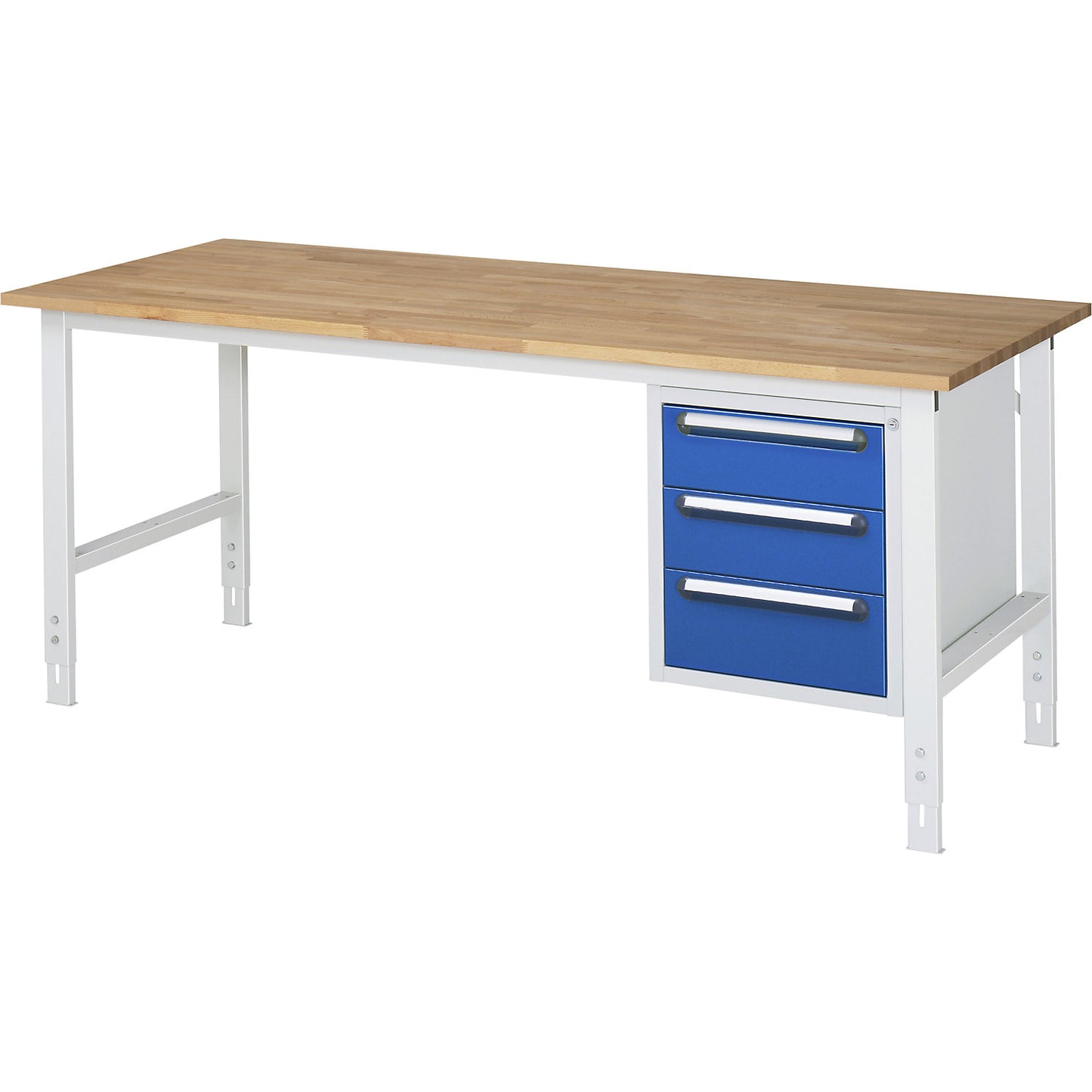 Work table with drawer cupboard, base container with 3 drawers 2 x 150, 1 x 180 mm, WxD 2000 x 800 mm, solid beech wood panel, thickness 25 mm.