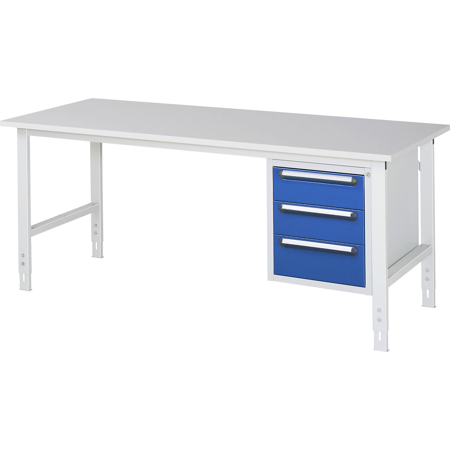Work table with drawer cupboard, base container with 3 drawers 2 x 150, 1 x 180 mm, WxD 2000 x 800 mm, melamine panel, thickness 22 mm.