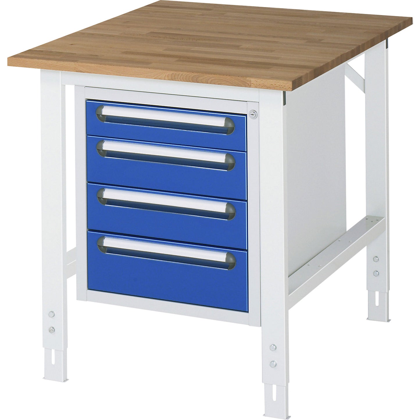 Work table with drawer cupboard, base container with 4 drawers 1 x 90, 2 x 120, 1 x 140 mm, WxD 750 x 1000 mm, solid beech wood panel, thickness 25 mm.