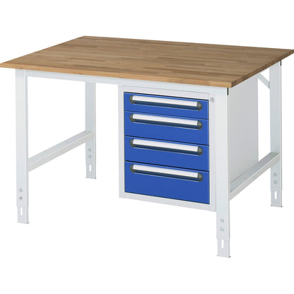 Work table with drawer cupboard, base container with 4 drawers 1 x 90, 2 x 120, 1 x 140 mm, WxD 1250 x 1000 mm, solid beech wood panel, thickness 25 mm.