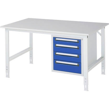 Work table with drawer cupboard, base container with 4 drawers 1 x 90, 2 x 120, 1 x 140 mm, WxD 1500 x 1000 mm, melamine panel, thickness 22 mm.