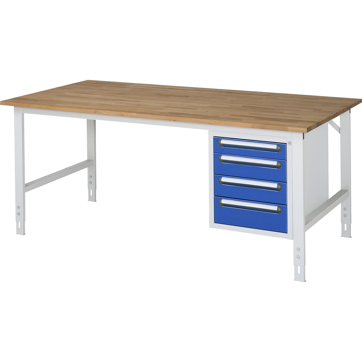 Work table with drawer cupboard, base container with 4 drawers 1 x 90, 2 x 120, 1 x 140 mm, WxD 2000 x 1000 mm, solid beech wood panel, thickness 25 mm.