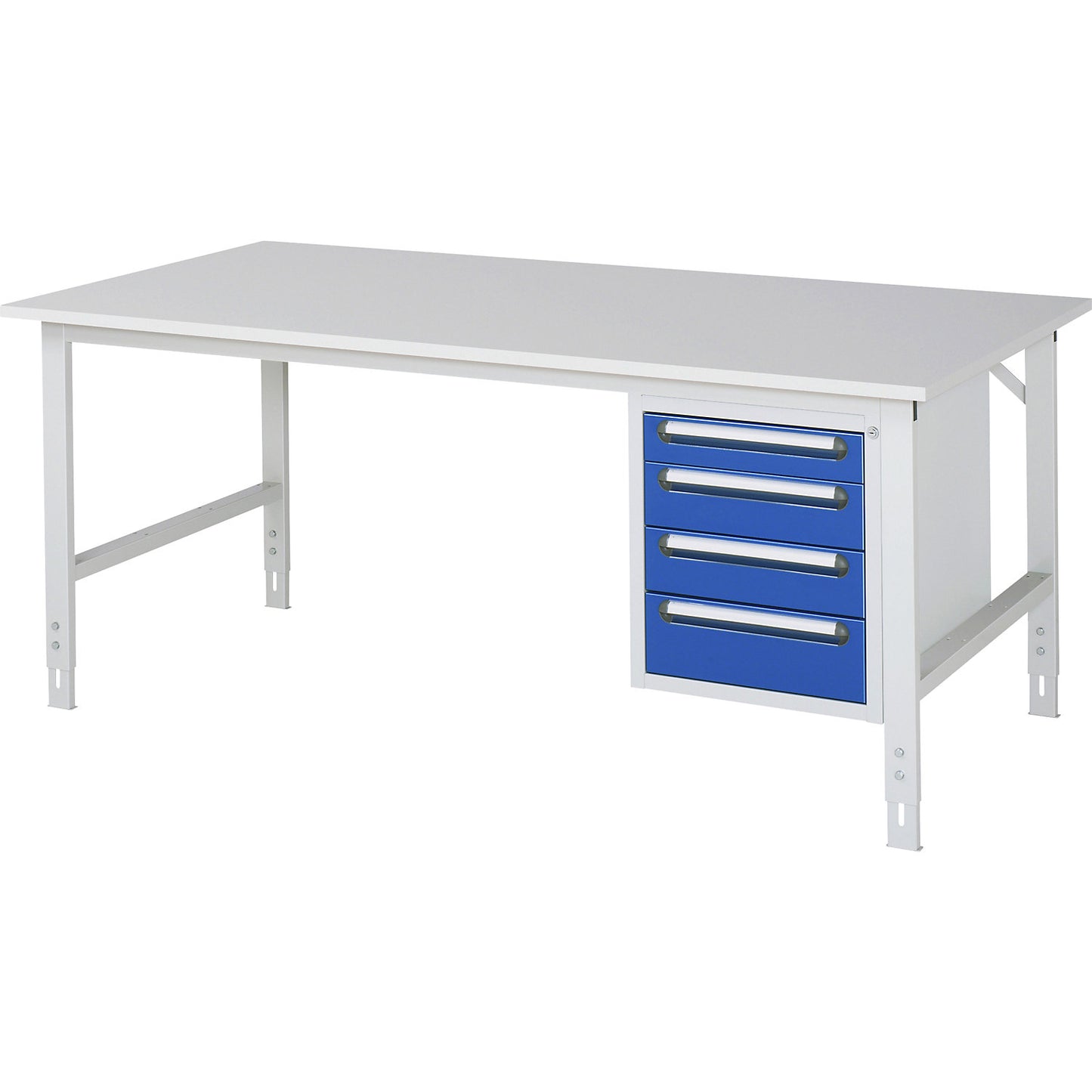 Work table with drawer cupboard, base container with 4 drawers 1 x 90, 2 x 120, 1 x 140 mm, WxD 2000 x 1000 mm, melamine panel, thickness 22 mm.