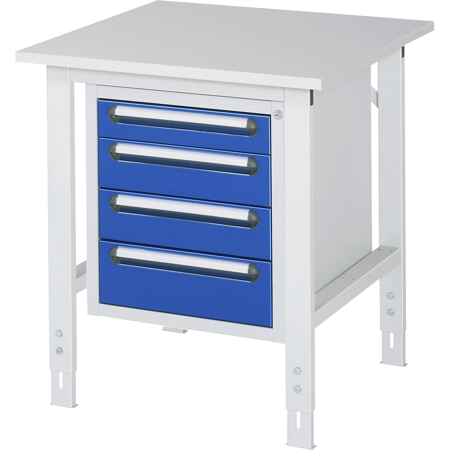 Work table with drawer cupboard, base container with 4 drawers 1 x 90, 2 x 120, 1 x 140 mm, WxD 750 x 800 mm, melamine panel, thickness 22 mm.