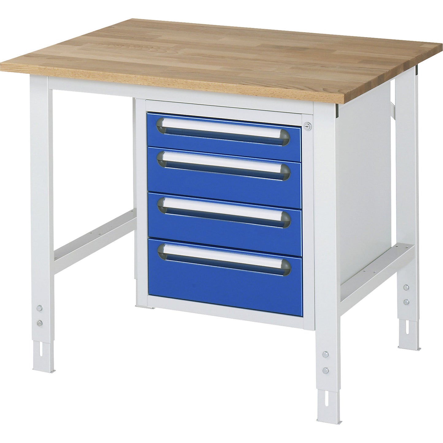 Work table with drawer cupboard, base container with 4 drawers 1 x 90, 2 x 120, 1 x 140 mm, WxD 1000 x 800 mm, solid beech wood panel, thickness 25 mm.