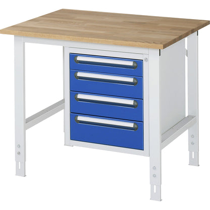 Work table with drawer cupboard, base container with 4 drawers 1 x 90, 2 x 120, 1 x 140 mm, WxD 1000 x 800 mm, solid beech wood panel, thickness 25 mm.