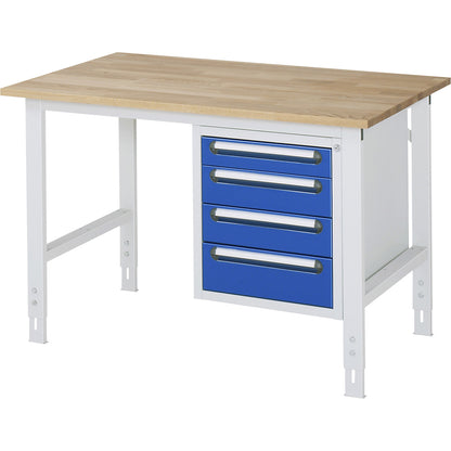 Work table with drawer cupboard, base container with 4 drawers 1 x 90, 2 x 120, 1 x 140 mm, WxD 1250 x 800 mm, solid beech wood panel, thickness 25 mm.